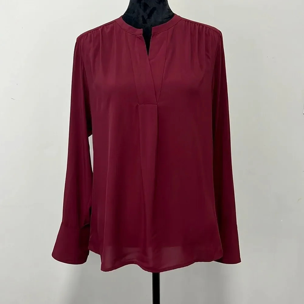 Calvin Klein Split V-Neck Long Sleeve Blouse Burgundy Size Medium